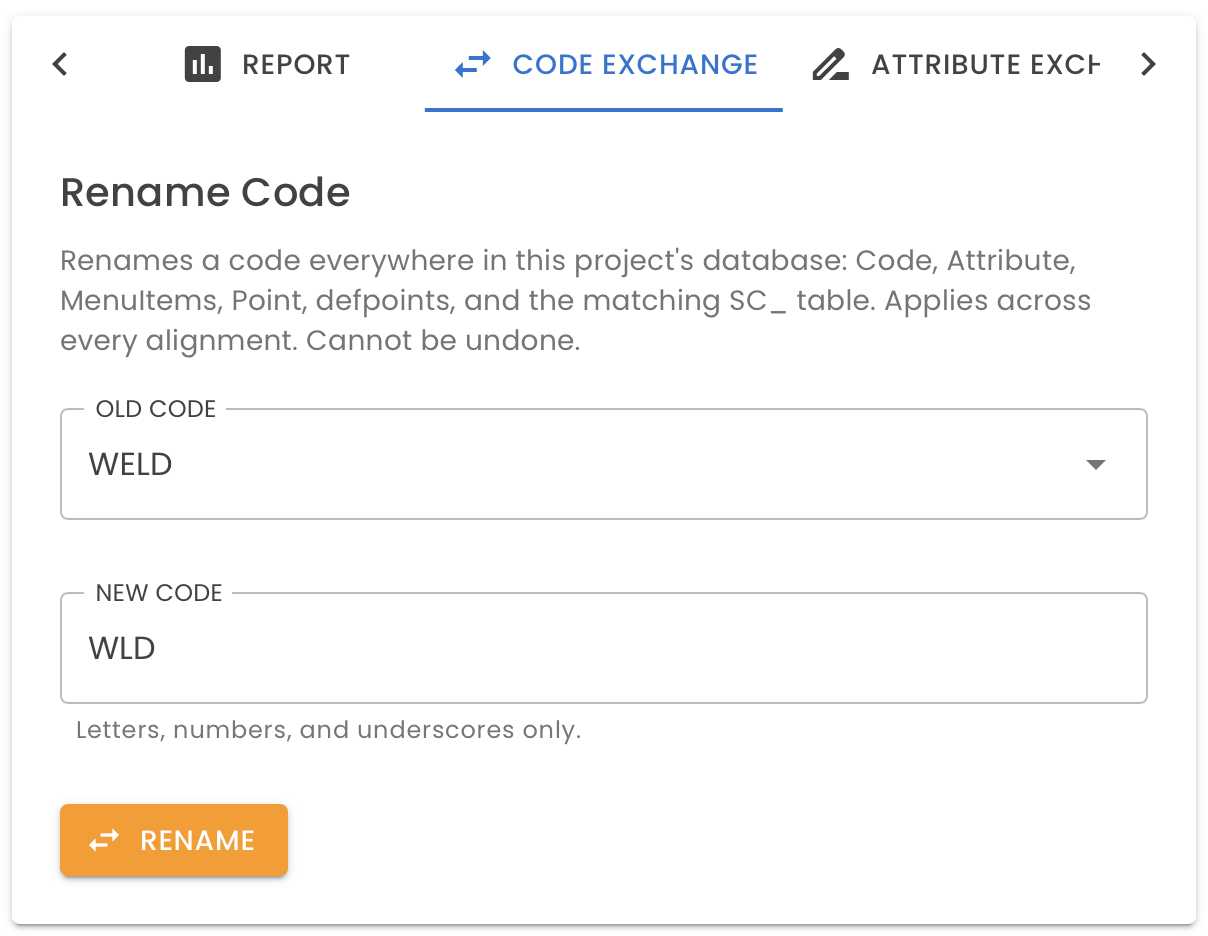 Octane Code Exchange tab with rename-code UI for project-wide code remapping