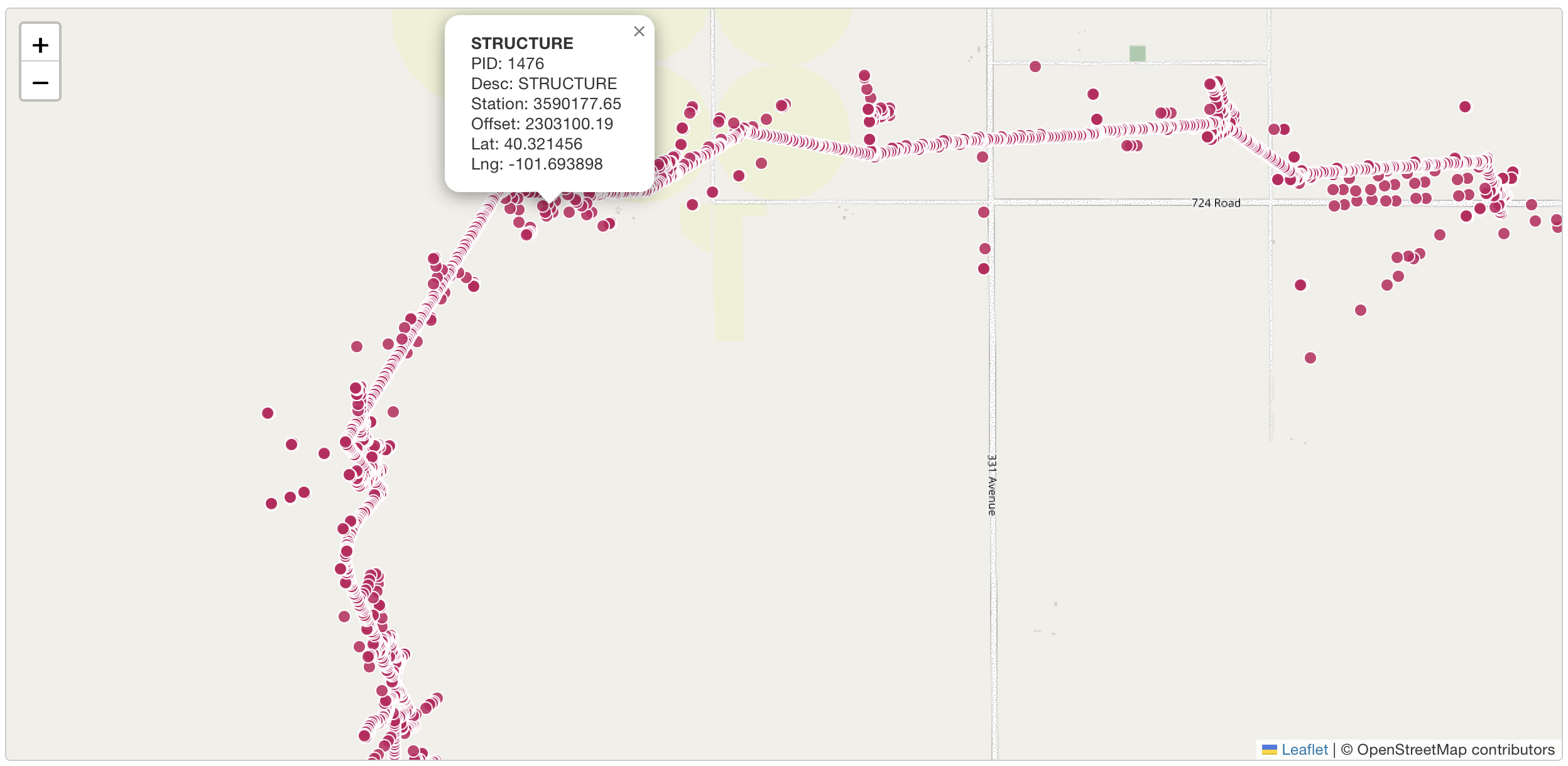 Octane map view with survey shots along a pipeline centerline and a selected point's attribute popup