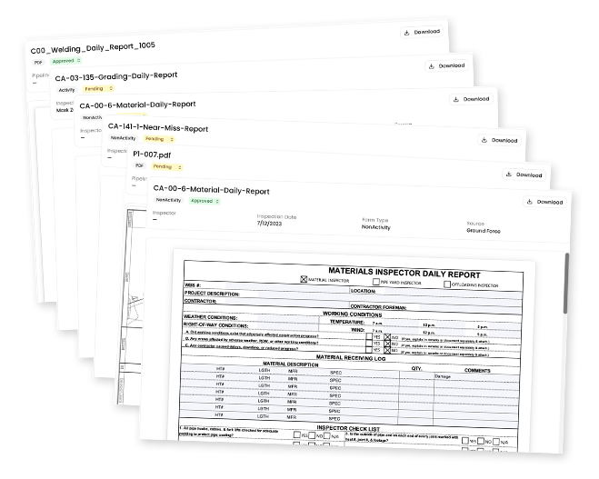 Passage project documents showing stacked daily reports, inspection forms, and a materials inspector report
